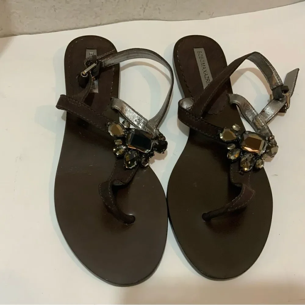 BCBG MaxAzria Dark Brown Leather Sandals with jeweled Accent U.S. Size 10 B